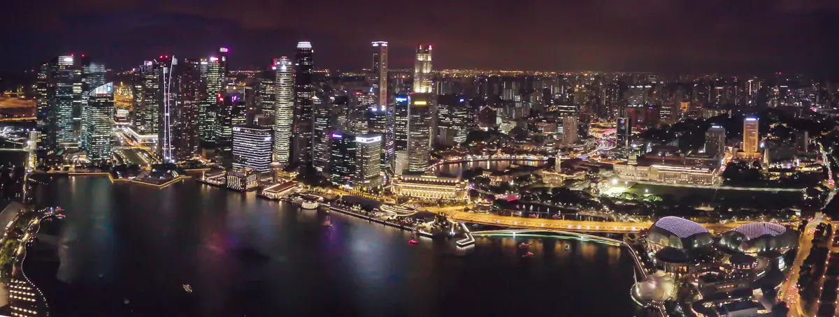 Aerial night panorama of Marina Bay and Singapore's city centre